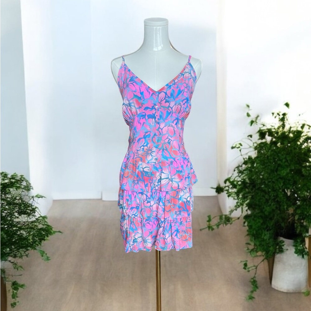 Floral Pink and Blue Dress, Adjustable Straps